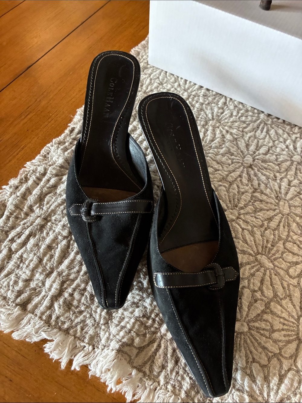Cole Haan Black Pointed Toe Slip-On Mules with Topstitch